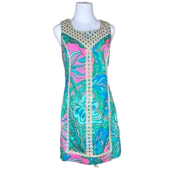Lilly Pulitzer MacFarlane Gold Lace Multi Lilly Lounge sz 6 Shift Dress $198 - Picture 1 of 16